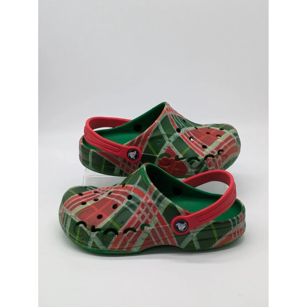 Crocs Classic Clogs Juniors J3 Red Green Plaid Christmas Holiday Shoes